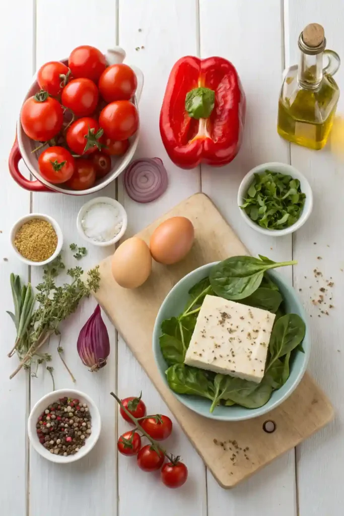 Fresh ingredients for baked feta eggs laid out on a wooden surface.

