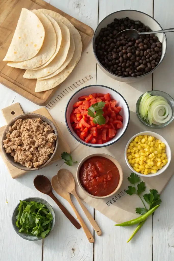Flat lay of ingredients for turkey enchilada skillet
