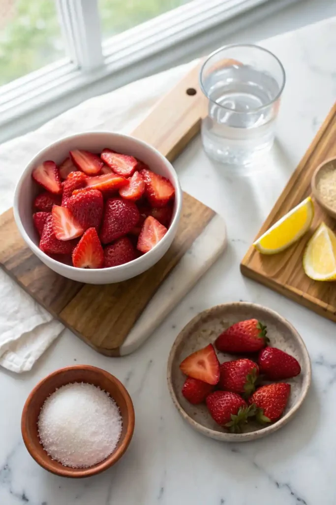 Flat-lay of strawberries, sugar, lemon, and water for puree.