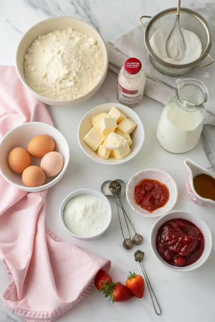 Overhead view of Vintage Heart Cake ingredients—flour, sugar, butter, eggs, milk, vanilla, and strawberry jam—arranged on a marble counter.