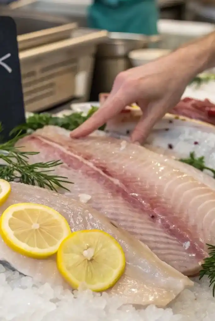 Fresh raw amberjack filets on ice at a seafood market