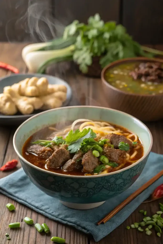 A steaming bowl of Taiwanese beef noodle soup with toppings.