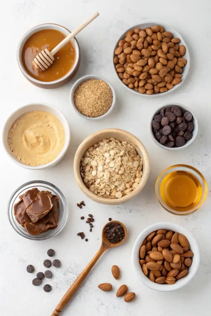 Flat lay of ingredients for no bake energy balls, labeled individually.