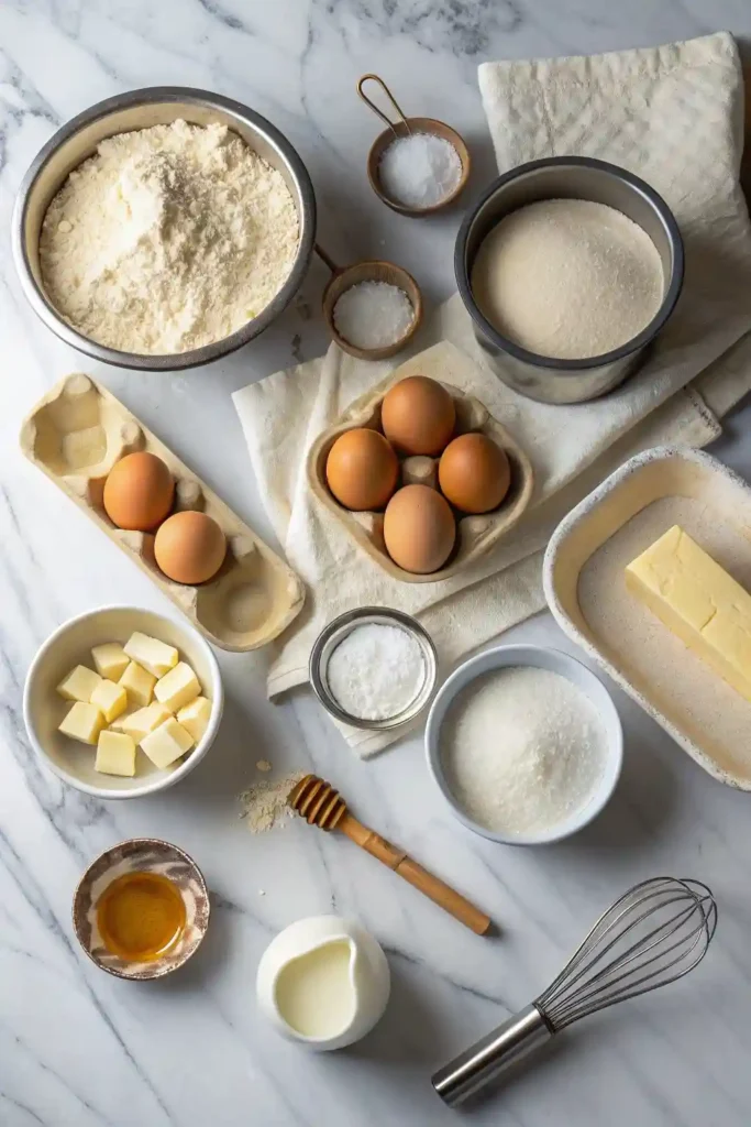 Flat lay of baseball cake ingredients and baking tools on marble counter.