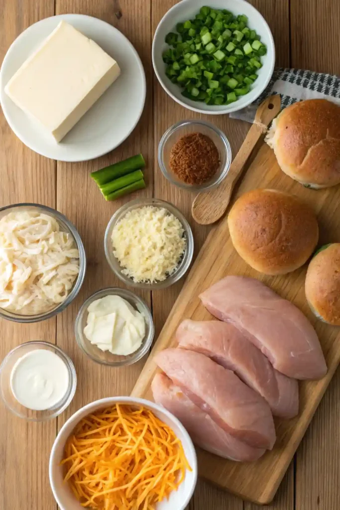 Ingredients for Crockpot crack chicken arranged on a wooden kitchen counter.