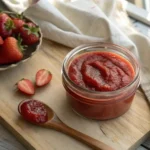 Overhead view of a glass jar of smooth strawberry puree surrounded by fresh strawberries and a wooden spoon.