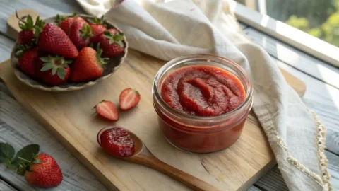 Overhead view of a glass jar of smooth strawberry puree surrounded by fresh strawberries and a wooden spoon.