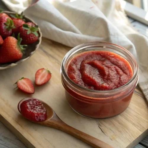 Overhead view of a glass jar of smooth strawberry puree surrounded by fresh strawberries and a wooden spoon.