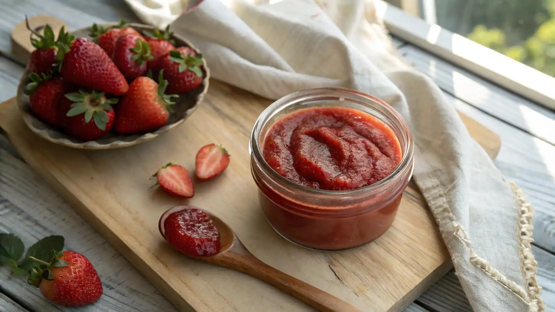Overhead view of a glass jar of smooth strawberry puree surrounded by fresh strawberries and a wooden spoon.