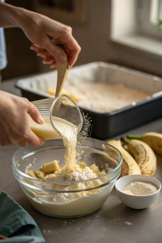 Close‑up of hands combining mashed bananas, cake mix, and condensed milk in a bowl with loaf pan ready in the background.