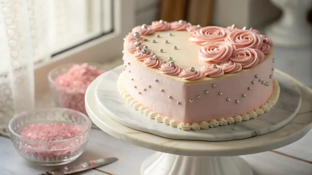 Vintage Heart Cake with light‑pink buttercream and piped borders on a marble stand.