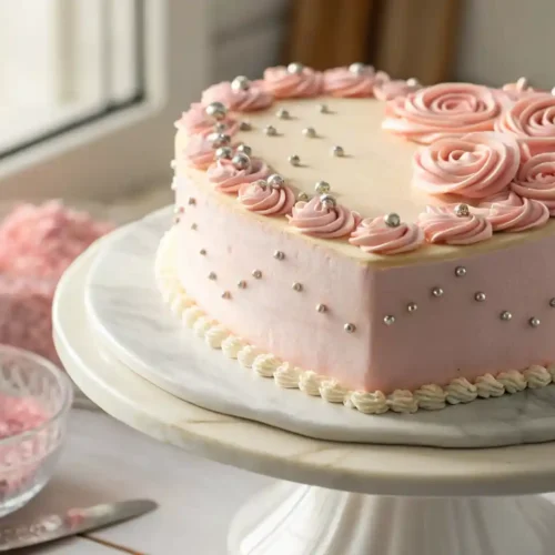 Vintage Heart Cake with light‑pink buttercream and piped borders on a marble stand.