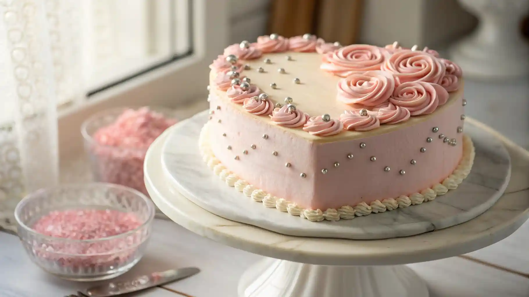 Vintage Heart Cake with light‑pink buttercream and piped borders on a marble stand.