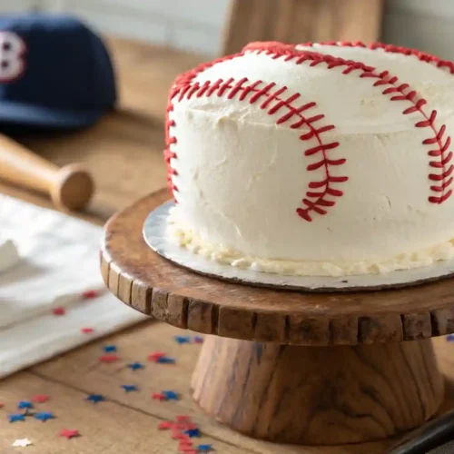 Realistic homemade baseball cake with red buttercream stitches on a wooden stand in natural light.