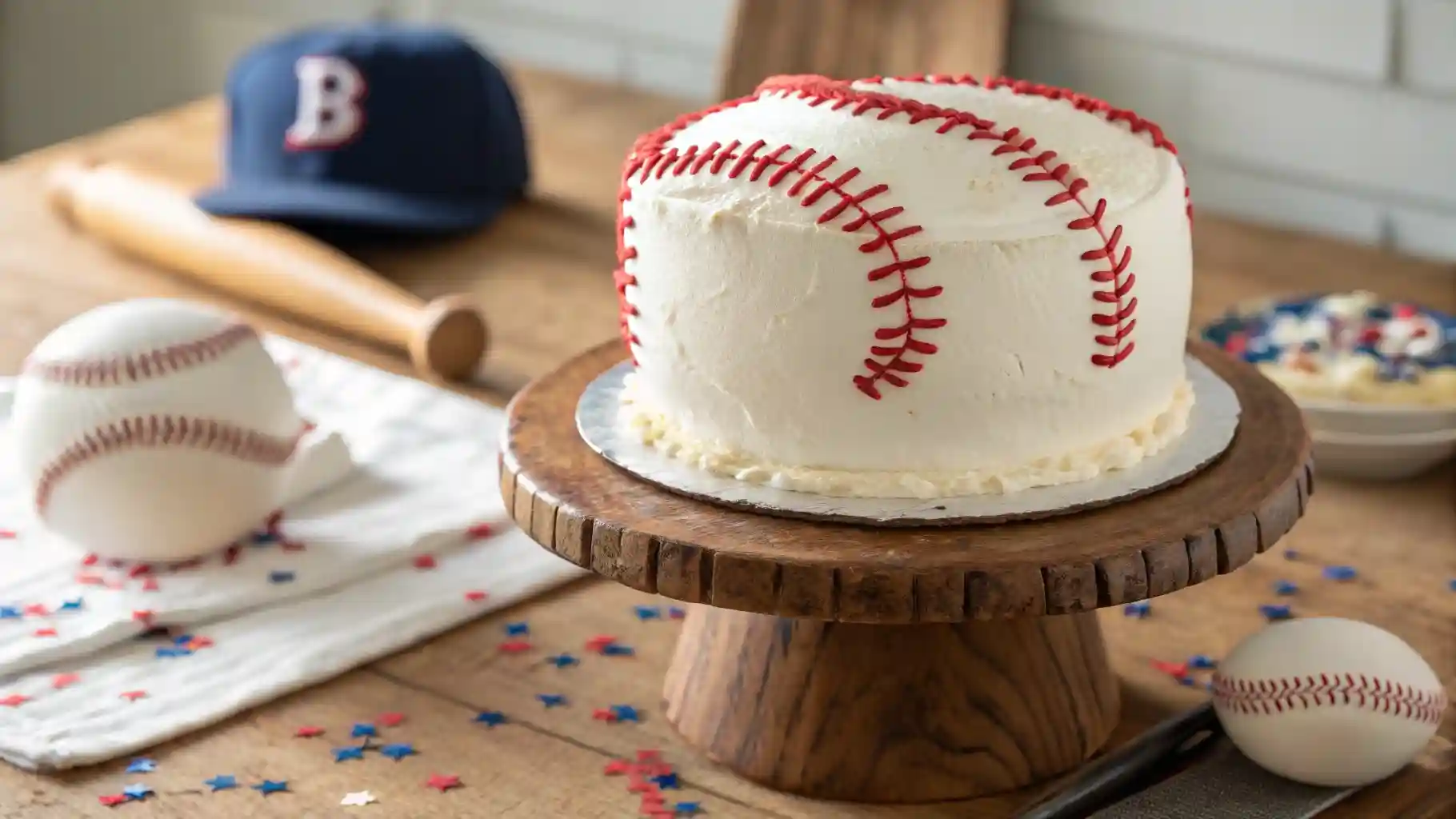 Realistic homemade baseball cake with red buttercream stitches on a wooden stand in natural light.