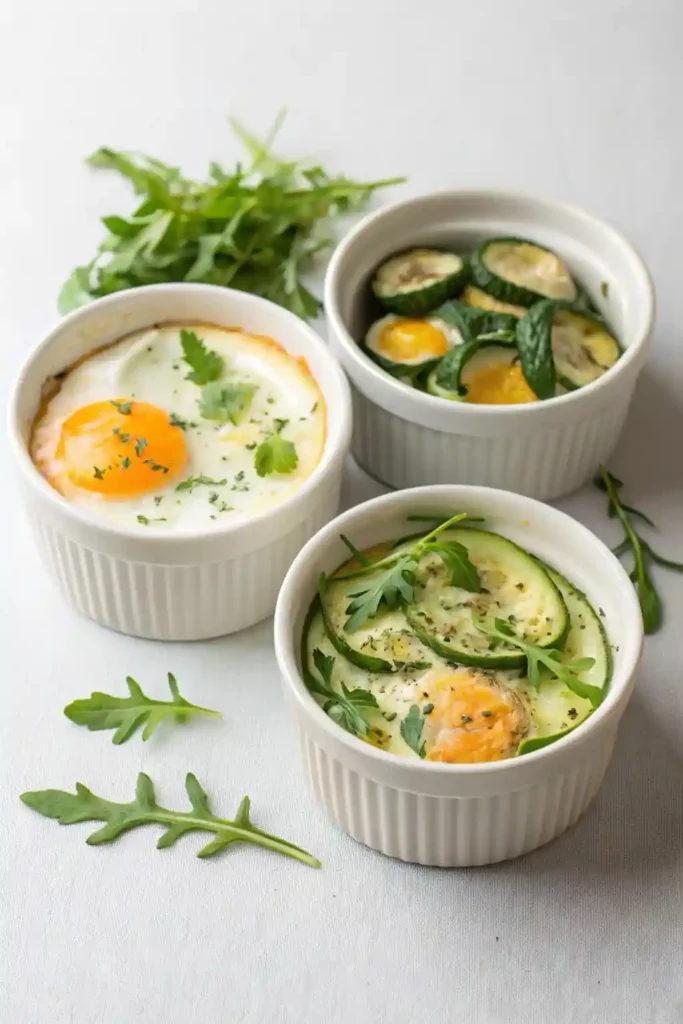 Three baked egg variations using different vegetables and cheeses.

