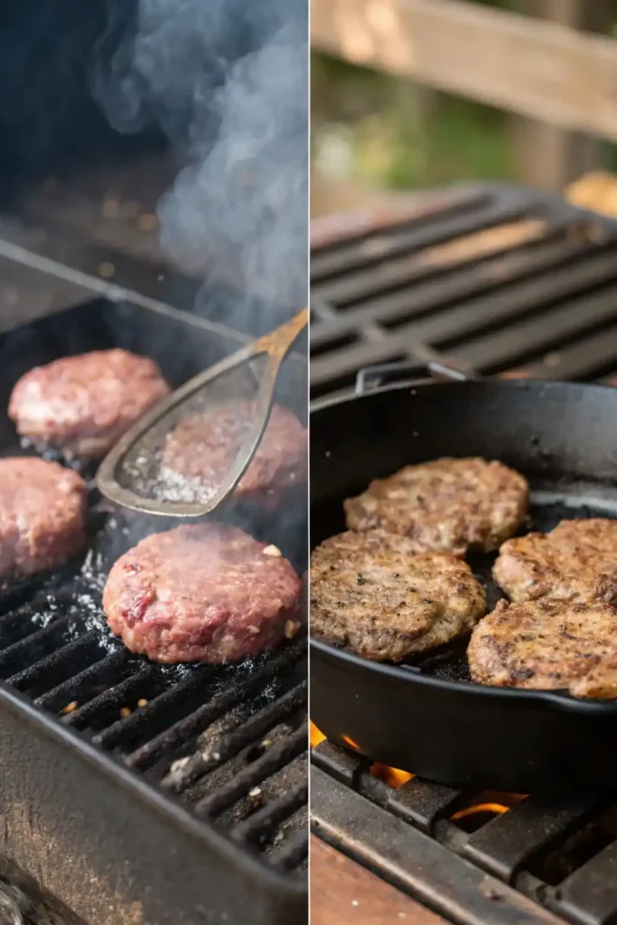 Venison burgers cooking on a grill and in a skillet, both seared and juicy.