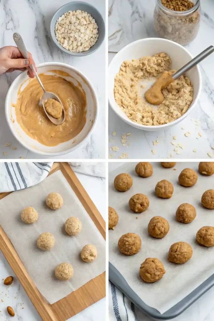 Four-step image tutorial for making no bake energy balls.