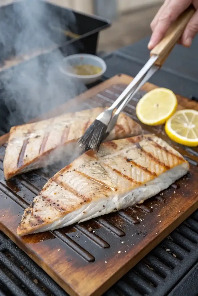 Marinated amberjack fish being grilled on an outdoor barbecue