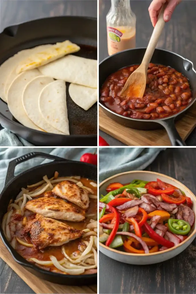 Step-by-step photos of cooking turkey enchilada skillet in a pan