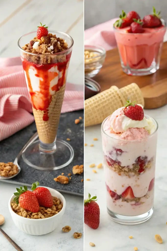 Three serving ideas: strawberry lemonade, yogurt parfait, and ice cream.