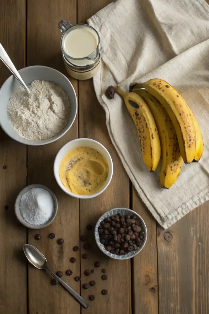Overhead view of ripe bananas, yellow cake mix, condensed milk, and chocolate chips neatly arranged on a wooden surface.