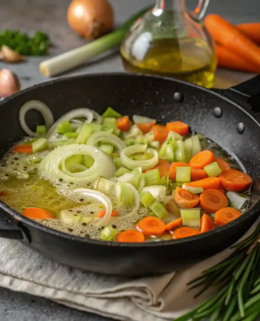 Onion, carrot, and celery sweating in hot skillet