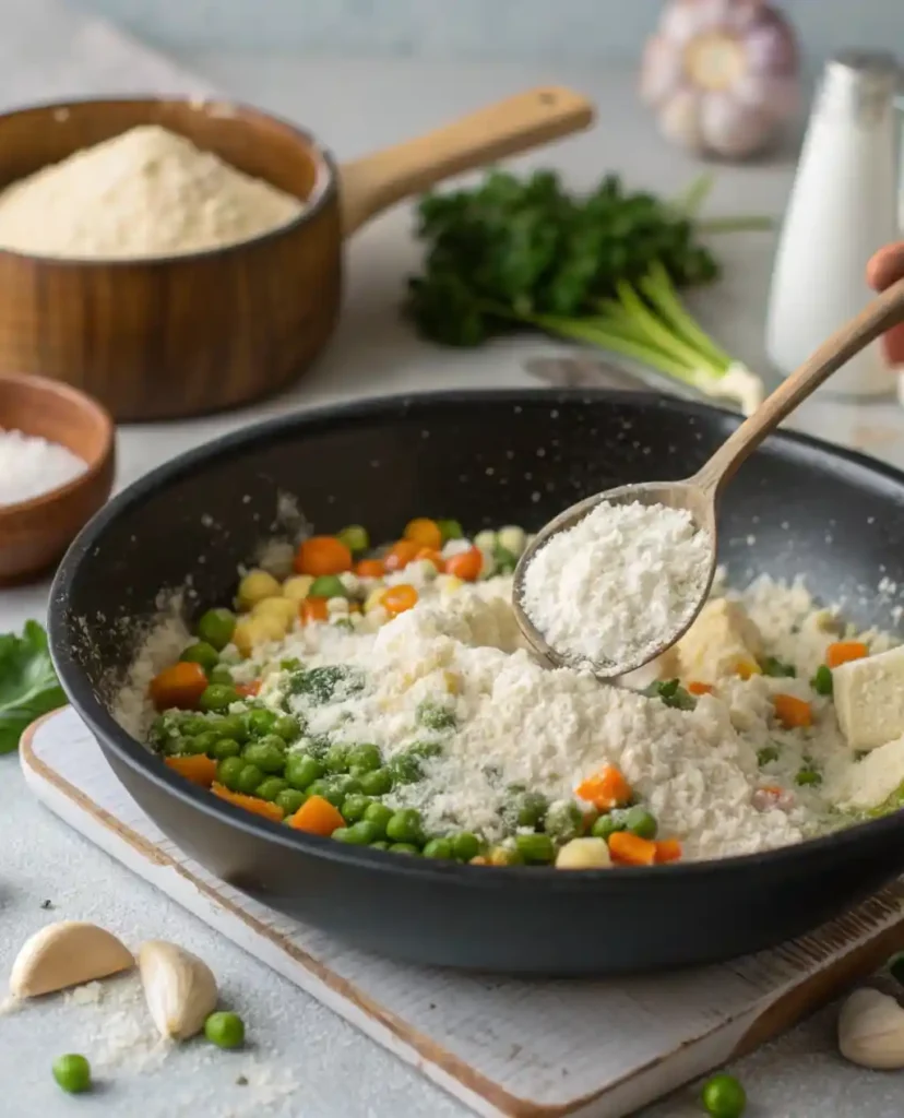 Flour-coated vegetables forming roux base.