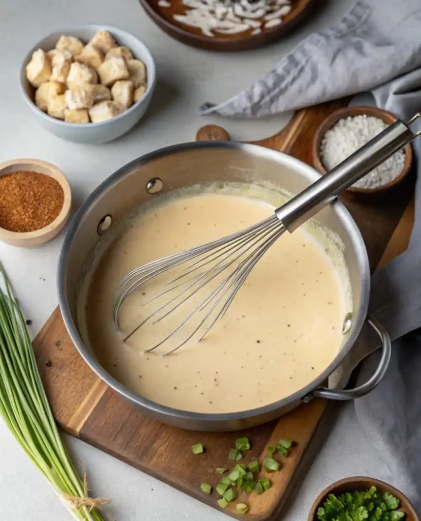 Thickened chicken gravy simmering gently