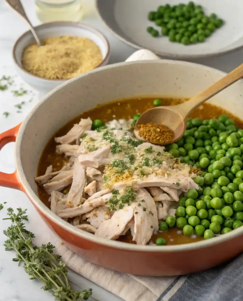 Rotisserie chicken and peas folded into sauce.
