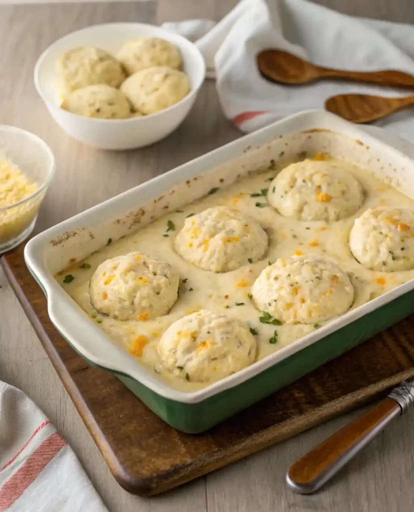 Cheddar biscuit dough dotted over creamy filling.
