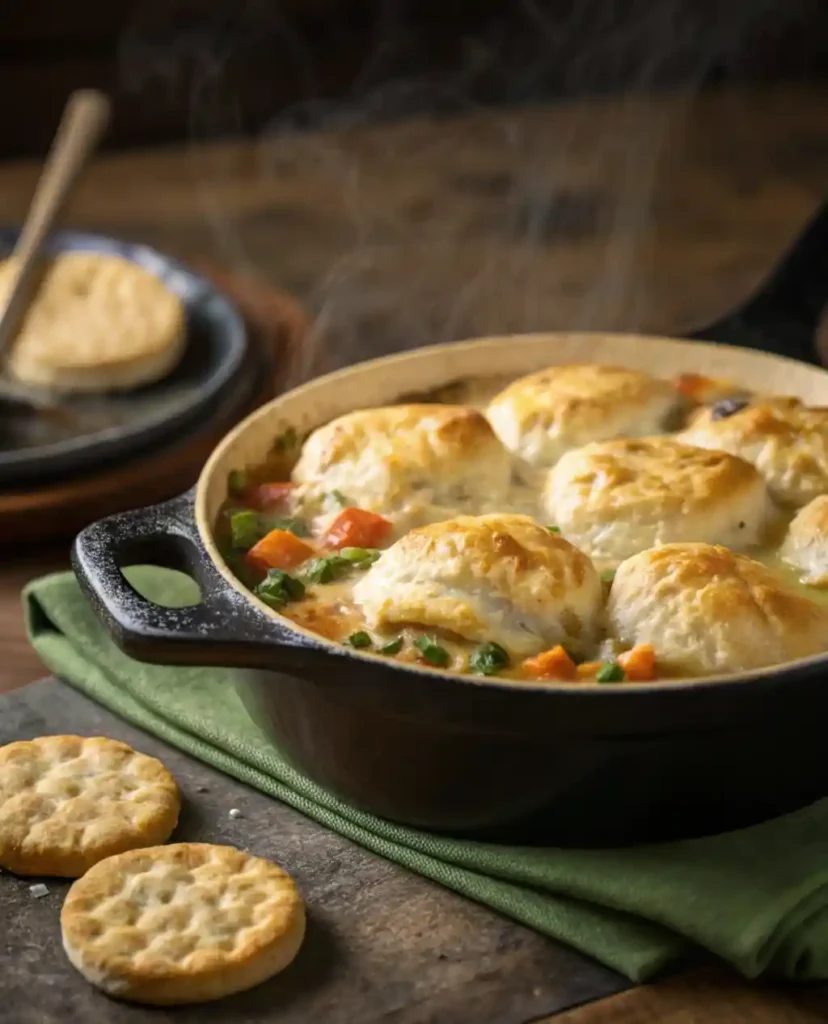 Pot pie fresh from oven, biscuits golden and puffed.