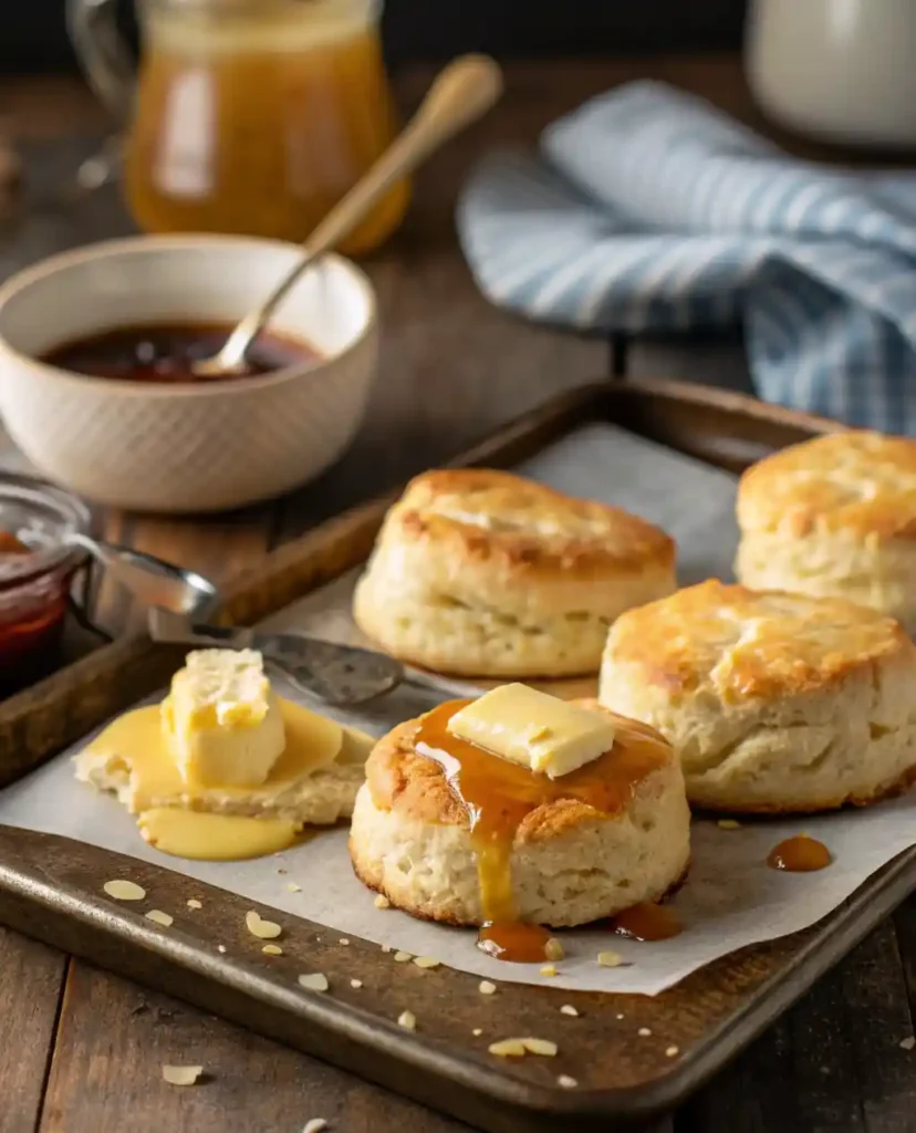 Melted butter glazing cheddar biscuits before serving.