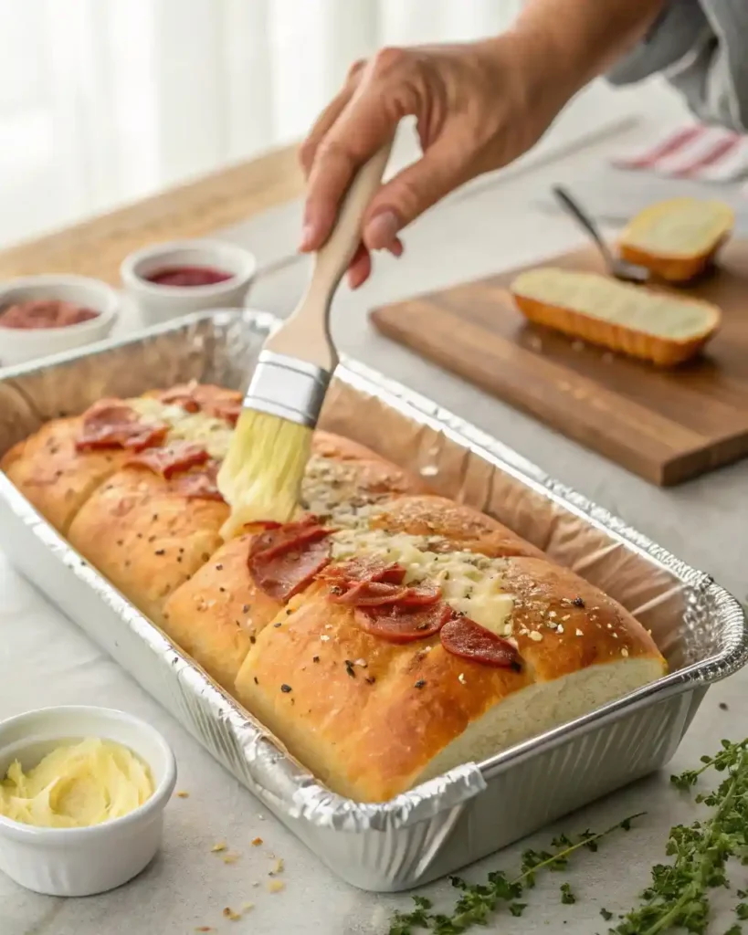Hand brushing garlic butter on sliced Hawaiian rolls in pan.


