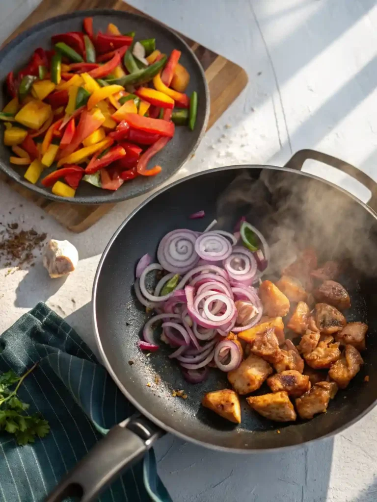 Skillet with onions, veggies, and chicken cooking side-by-side