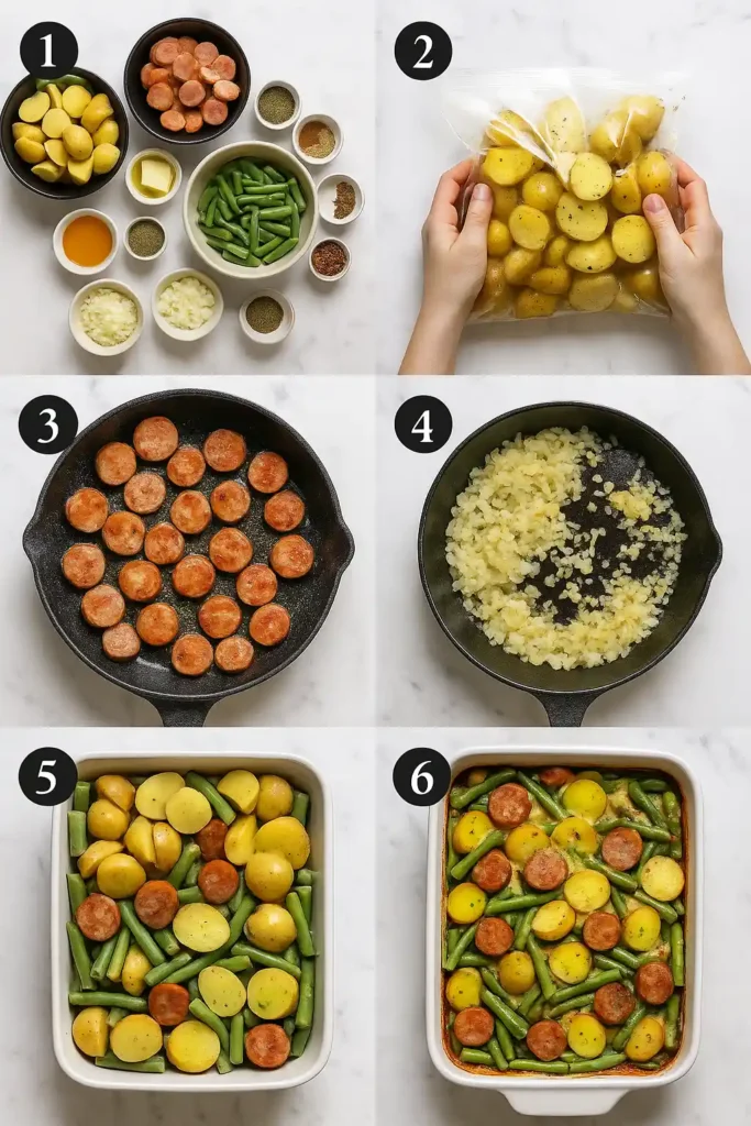 Visual steps from seasoning to finished baked casserole.