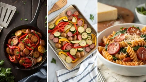 Cast-iron skillet of sizzling kielbasa, roasted potatoes, and mixed veggies on a wooden table.