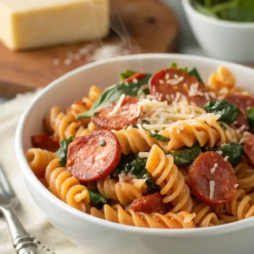 Bowl of creamy tomato pasta with kielbasa and spinach.