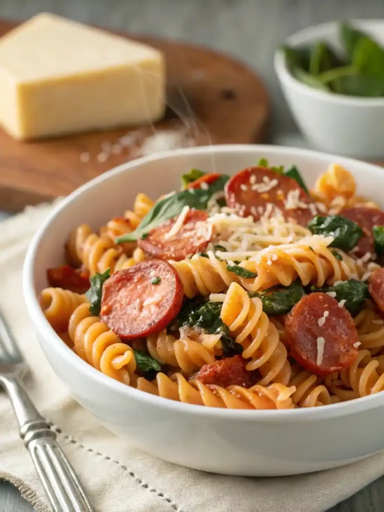 Bowl of creamy tomato pasta with kielbasa and spinach.