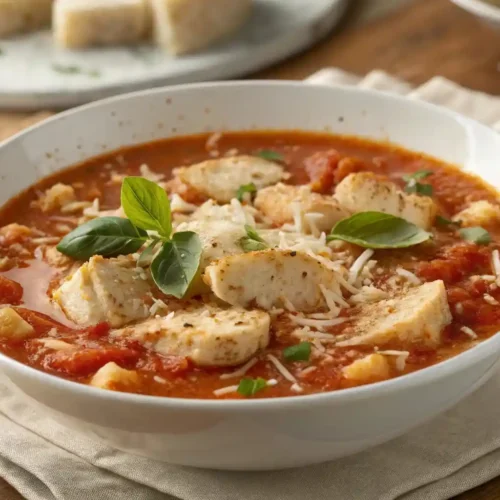 Overhead view of crock pot creamy chicken parmesan soup with chicken, pasta, melted cheese, crispy Parmesan breadcrumbs, and fresh basil garnish.