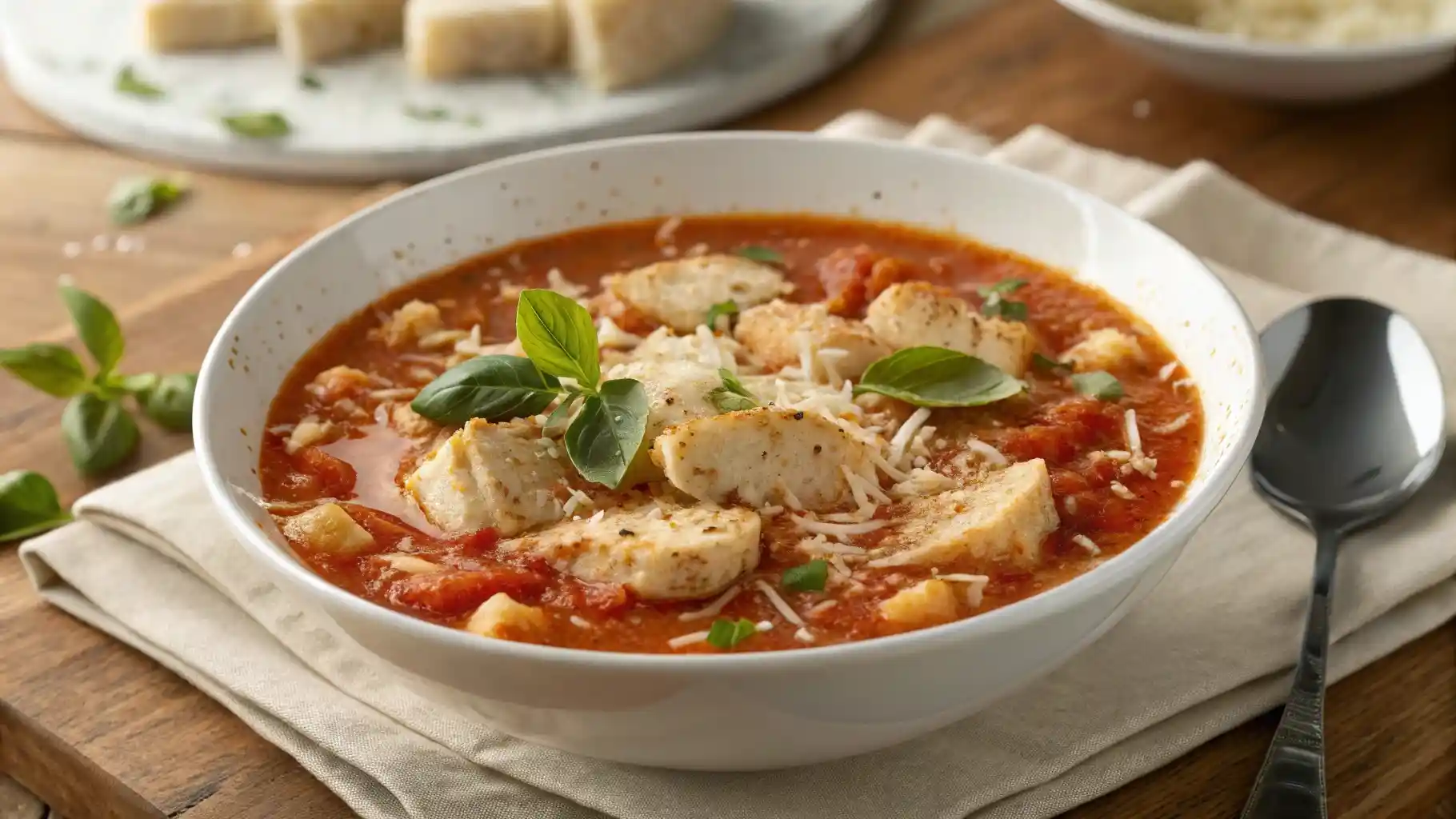 Overhead view of crock pot creamy chicken parmesan soup with chicken, pasta, melted cheese, crispy Parmesan breadcrumbs, and fresh basil garnish.