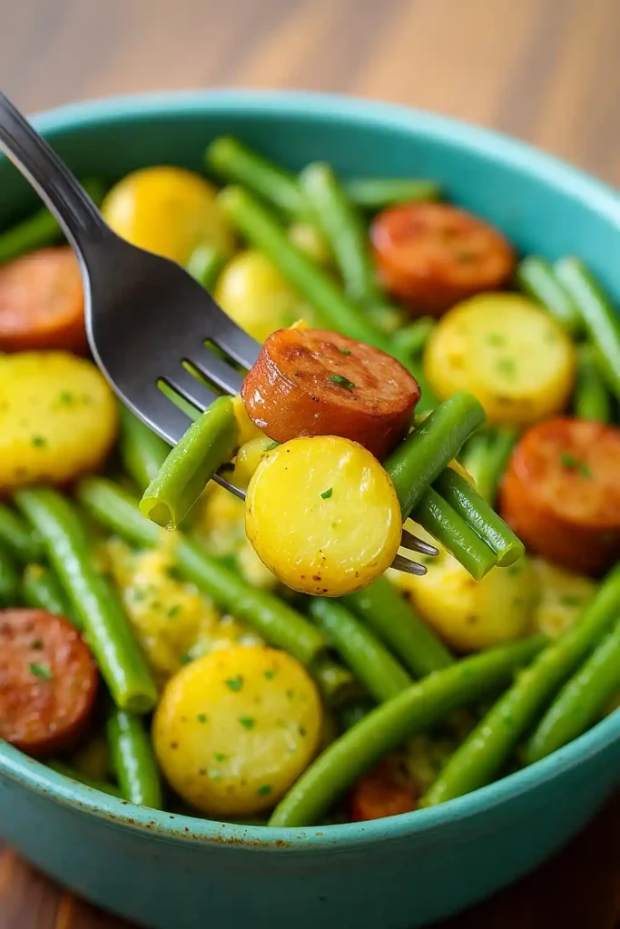 Four flavor variations of sausage potato green bean casserole.