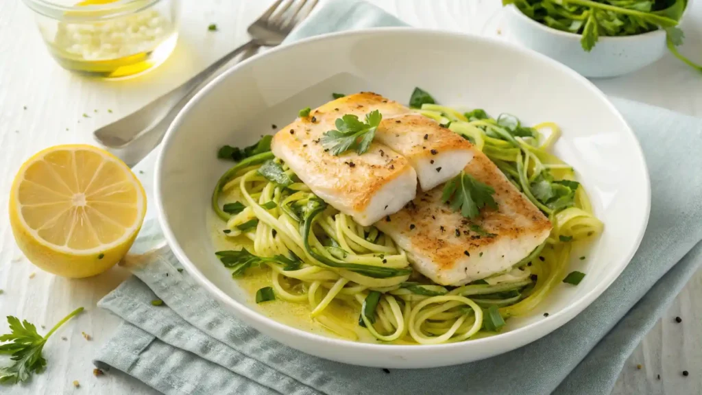 Lemon Herb Cod with Zucchini Noodles drizzled with lemon herb butter and garnished with parsley