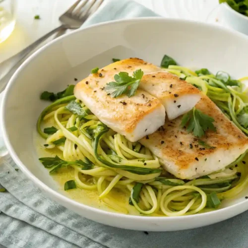 Lemon Herb Cod with Zucchini Noodles drizzled with lemon herb butter and garnished with parsley