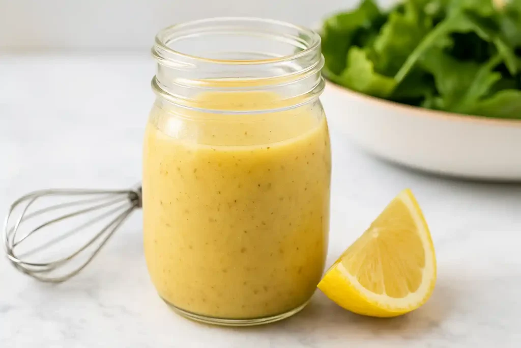 Glass jar of homemade lemon vinaigrette on a terrazzo counter next to a whisk and lemon wedge.