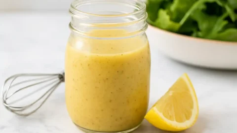 Glass jar of homemade lemon vinaigrette on a terrazzo counter next to a whisk and lemon wedge.