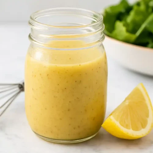 Glass jar of homemade lemon vinaigrette on a terrazzo counter next to a whisk and lemon wedge.