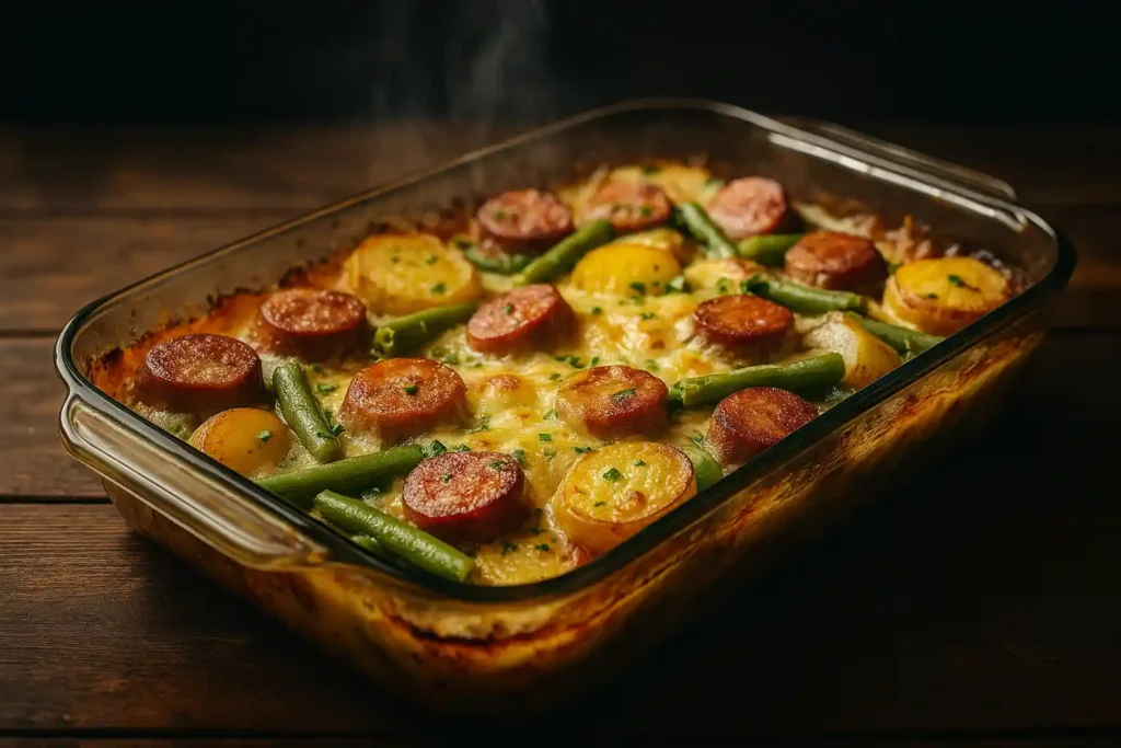 Sausage green bean potato casserole hot from the oven in a rustic dish.