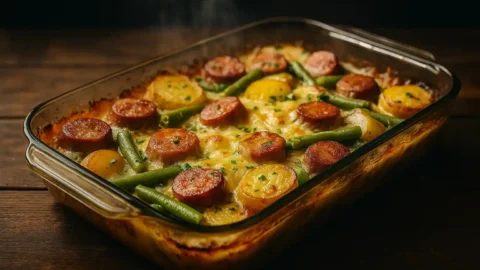 Sausage green bean potato casserole hot from the oven in a rustic dish.