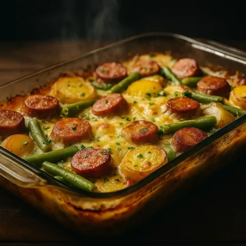 Sausage green bean potato casserole hot from the oven in a rustic dish.